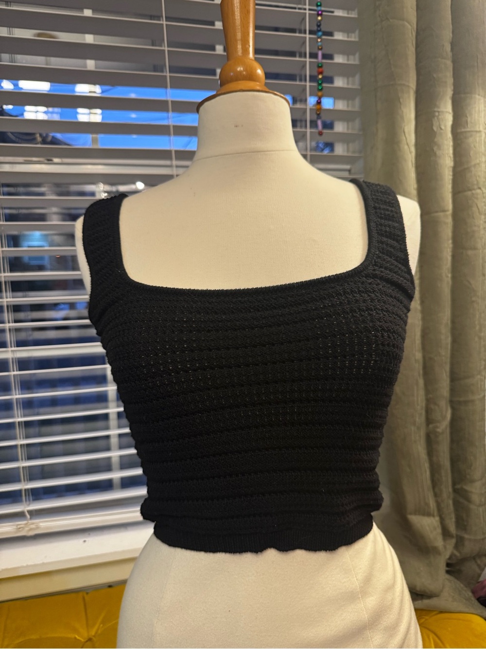 Black Knit Square-Neck Crop Tank Top